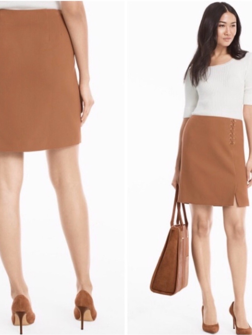 White House Black Market Camel A-Line Skirt with Side Button Detail